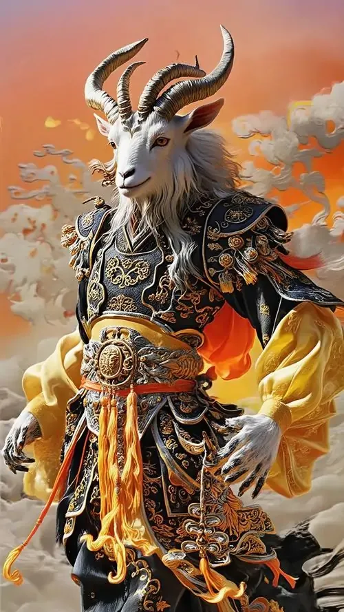 Con dê trong áo giáp hoa văn đứng chính diện giữa lá đỏ bay nhẹ, dáng vững và ánh nhìn sáng khiến ảnh nền tuổi Mùi này vừa ngầu vừa gợi vận khí, chiêu tài lộc khá rõ