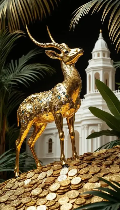Ảnh nền con dê vàng mảnh đứng gần lối đi lát đá cạnh công trình trắng, cổ ngẩng và chân thon tạo cảm giác thanh, ảnh nền tuổi Mùi này hợp để gọi may mắn nhẹ nhàng
