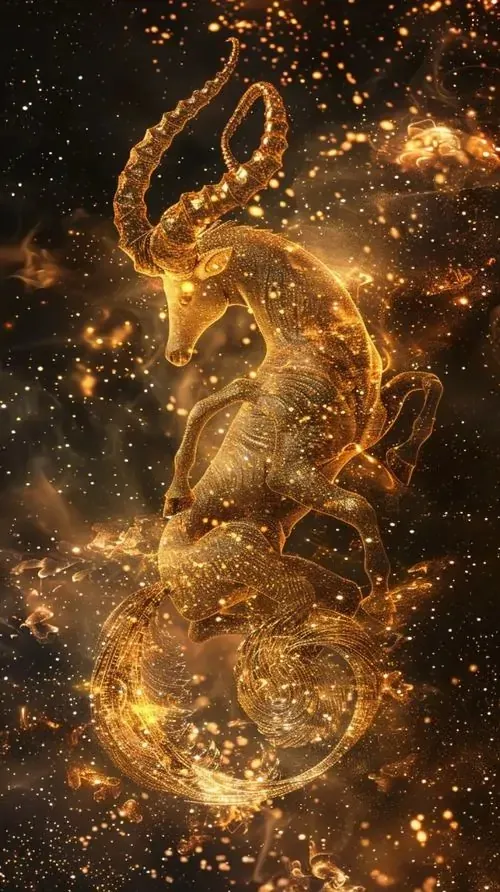 Ảnh bìa con dê ánh vàng tạo thành từ những hạt sáng xoáy lên giữa nền đen, thân vươn cao như đang bật nhảy khiến ảnh HD này rất hợp người tuổi Mùi thích chiêu tài
