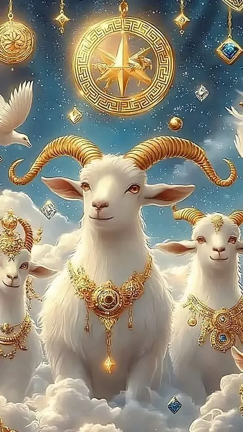 Ba chú dê trắng đứng dưới vầng sáng tròn như đồng hồ sao, con chính đeo vòng cổ vàng nhìn thẳng tạo cảm giác hiền và đẹp, hợp tuổi để giữ bình an trên màn hình