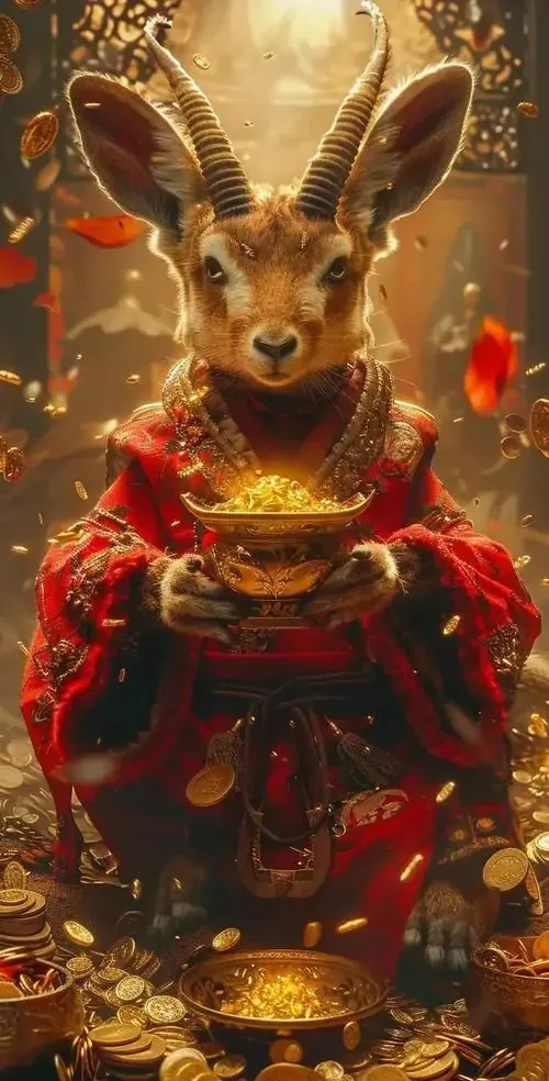 Hình nền điện thoại chú dê nâu mặc áo đỏ viền vàng đứng giữa ánh lửa ấm, tai dựng và mắt sáng làm khung dọc này vừa cute vừa gợi tài lộc theo lối ảnh nền linh vật Mùi