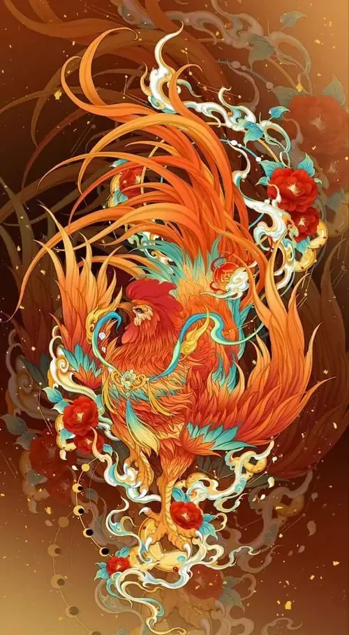 Gà vàng xoay nhẹ giữa nền hoa mẫu đơn hồng, lông đuôi kéo dài mềm mại nên ảnh điện thoại tuổi Dậu nhìn sang mà không nặng, rất hợp người thích bình an