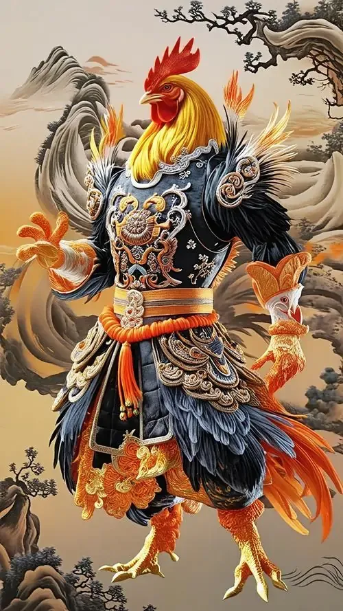 Chú gà trống lông đỏ sậm đứng bên suối đá, ánh nắng xiên qua cánh làm tổng thể trông ngầu hơn, rất hợp làm tranh linh vật gà cho người thích khí thế mạnh