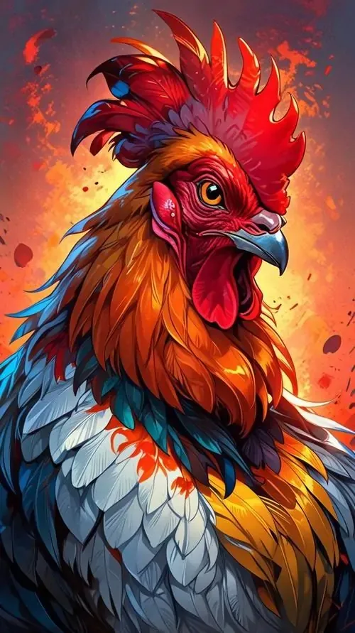 Gà đại cát đứng giữa vòng đồng tiền, dáng không quá dữ nhưng phần ngực nở và mắt sáng khiến ảnh nền năm Dậu toát lên cảm giác thịnh vượng khá rõ