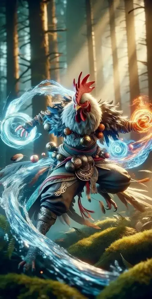 Ảnh bìa tuổi Dậu gà trống lông đen ánh xanh bước trên nền gấm đỏ, góc chụp ngang làm chiếc mào đỏ càng nổi, rất hợp ai muốn hình nền con gà vừa đẹp vừa tụ tài
