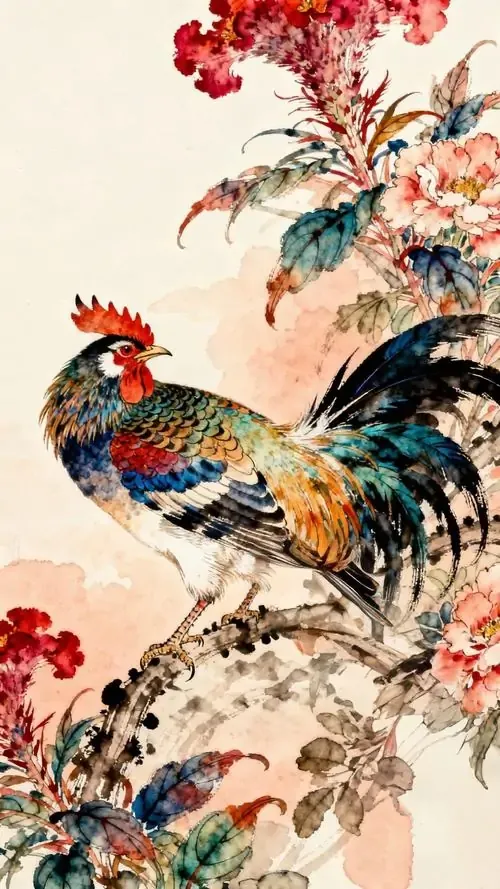 Ảnh wallpaper con gà chú gà trống dang cánh nhẹ trước luồng sáng vàng, bố cục dọc giúp thân hình cao hơn, nhìn vào đã thấy ảnh nền con gà như đang gọi tài lộc