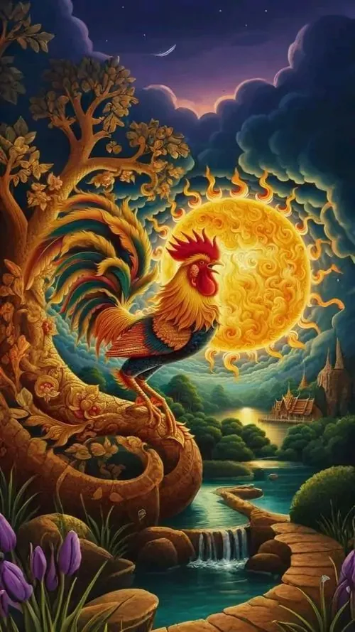 Một con gà đỏ cam đứng bên cây đào nhỏ, chân đặt gần hũ vàng và nét mặt khá hiền làm khung hình gà phong thủy trở nên gần gũi, hợp người tuổi Dậu