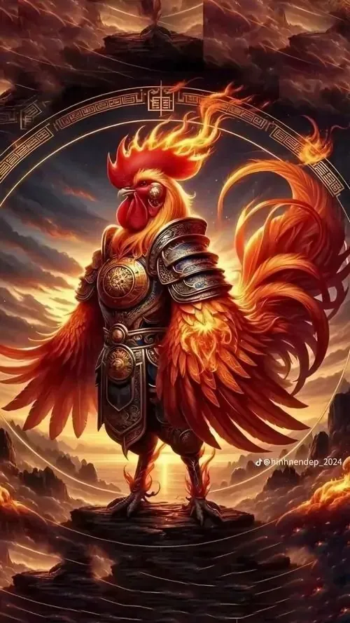 Một chú gà ngũ sắc đứng cạnh hồ sen, thân hơi cúi như đang soi bóng nước làm tranh linh vật gà mềm hơn, hợp người tuổi Dậu thích may mắn nhẹ nhàng