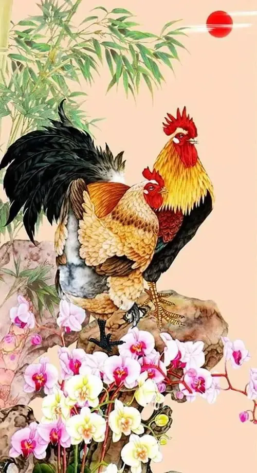 Hình nền dọc đẹp gà trống mào đỏ đứng sát mép đá, gió làm đuôi bay lệch sang một bên và nền trời cam giúp ảnh nền năm Dậu thêm ngầu, dễ thu hút tiền bạc