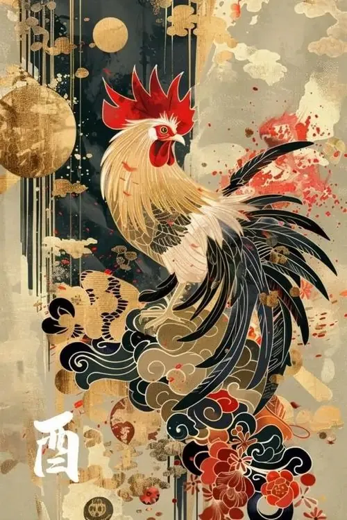 Một chú gà đỏ đồng nhìn thẳng vào máy ảnh, thân hình gọn và chân đặt chắc trên nền vàng nhạt, đem lại cảm giác phong thủy rõ ràng và dễ thu hút tiền bạc