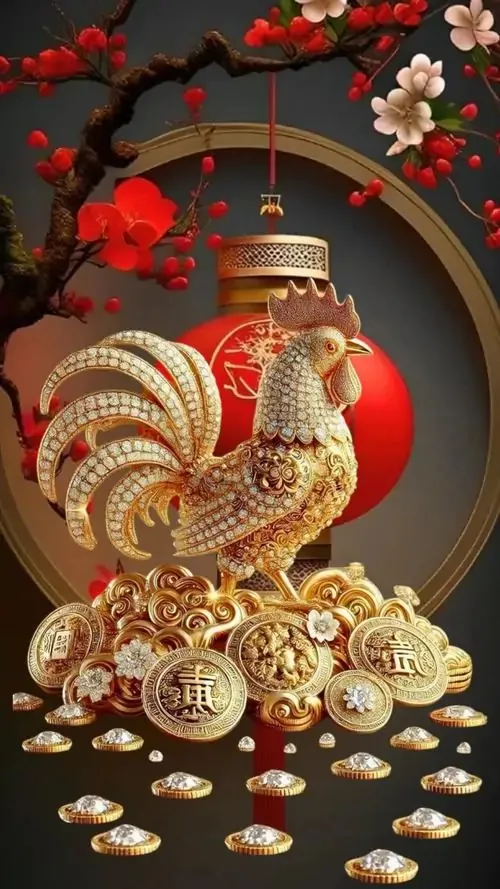Cặp gà nhỏ tựa nhau bên thỏi vàng và mây đỏ, nét vẽ cute nhưng vẫn gọn gàng, rất hợp làm hình gà phong thủy cho người tuổi Dậu thích cảm giác ấm áp