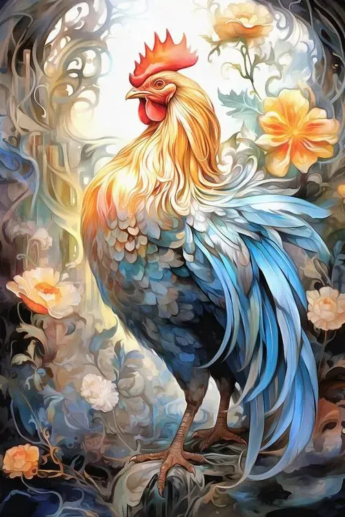 Hình nền điện thoại gà vàng ngẩng cổ gáy giữa nền mây đỏ, lông cổ óng lên như ánh nắng đầu ngày, rất hợp người tuổi Dậu muốn chiêu tài và giữ phong thủy trên máy