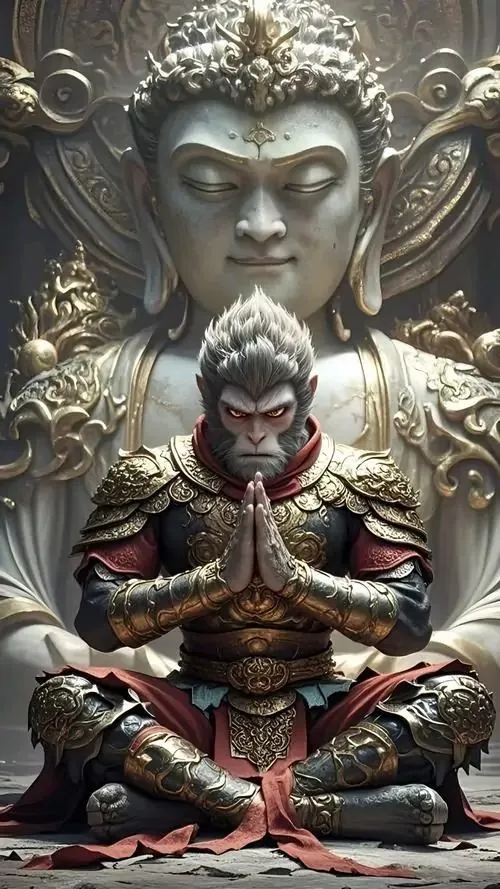 Khỉ vàng ôm quả đào lớn trước nền núi xanh xa, bộ lông lên chi tiết rất rõ và biểu cảm hiền, hình nền hầu vương này hợp người tuổi Thân thích vẻ dễ gần