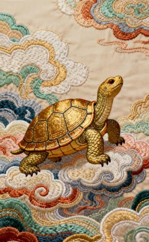Ảnh bìa thần rùa ngậm đồng tiền nhỏ trước miệng, đầu hơi ngẩng và mắt nhìn chếch lên, nền tối làm sắc vàng bật hơn, hợp người thích may mắn và thu hút tiền bạc
