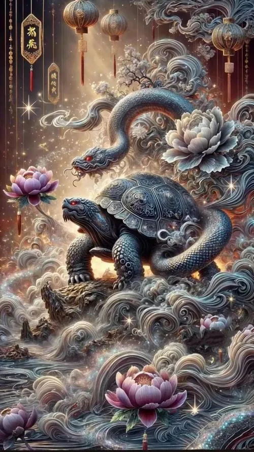 Một tượng rùa vàng thật đặt trên mặt gỗ bóng, mai khắc quẻ cổ và miệng ngậm xu nhỏ, khung cảnh gần gũi khiến hình đại diện rùa chiêu tài trông sang mà không bị cứng