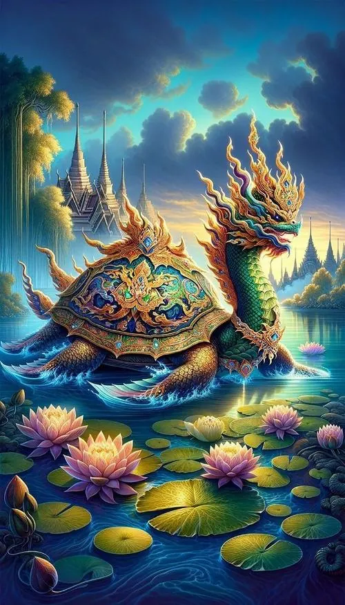 Rùa vàng xuất hiện dưới tia nắng sớm bên hồ trong, thân phủ sắc kim sáng vừa phải và dáng bơi thong thả, khung hình đẹp, hợp người muốn giữ bình an và thịnh vượng