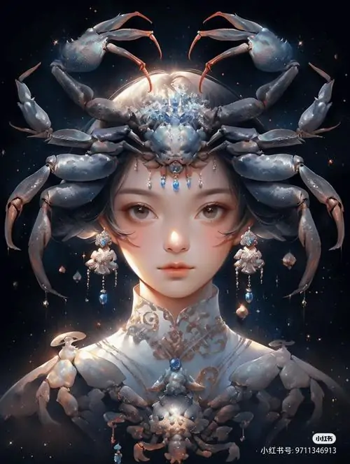 Cô gái anime đội mũ sừng cua đen bạc nhìn thẳng từ nền tối, gương mặt sáng lạnh và tóc ánh xanh khói buông dài, hình minh họa nữ Cự Giải kiểu hoạt hình này rất nổi
