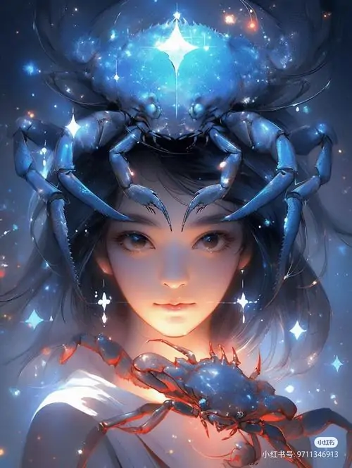 Hình minh họa nữ Cự Giải chân dung bán thân của cô gái tóc xanh đen với vương miện sừng cua, mắt sáng cam nhẹ và cổ áo phát ánh đỏ, tranh nhìn đẹp theo kiểu sắc nét