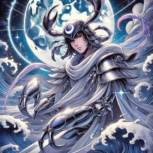 Ảnh avatar Cự Giải nữ cô gái anime ngồi giữa sóng nước và vầng trăng xoáy sáng, tóc dài bay nhẹ, váy xanh bạc ôm dáng, gương mặt đẹp và hơi lạnh theo vibe cung nước