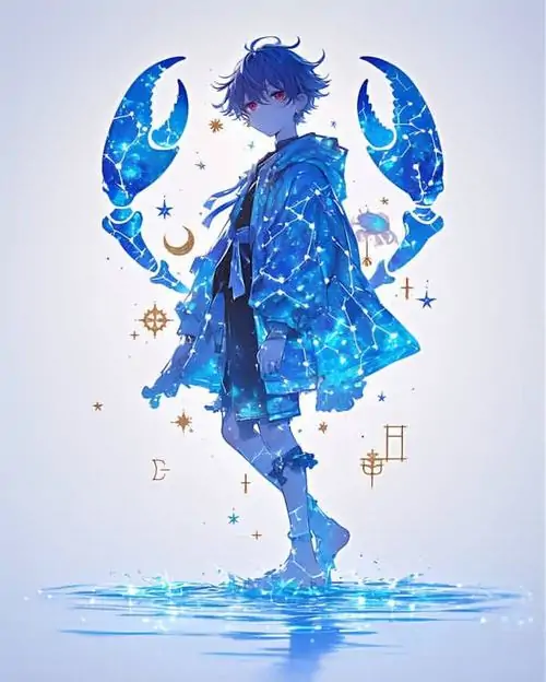 Ảnh chibi cung nước bóng cô gái xanh dương tạo từ mảng màu loang đứng nghiêng trên nền trắng, tóc và váy tan vào nước, bố cục tối giản nhưng vẫn đẹp và mát mắt