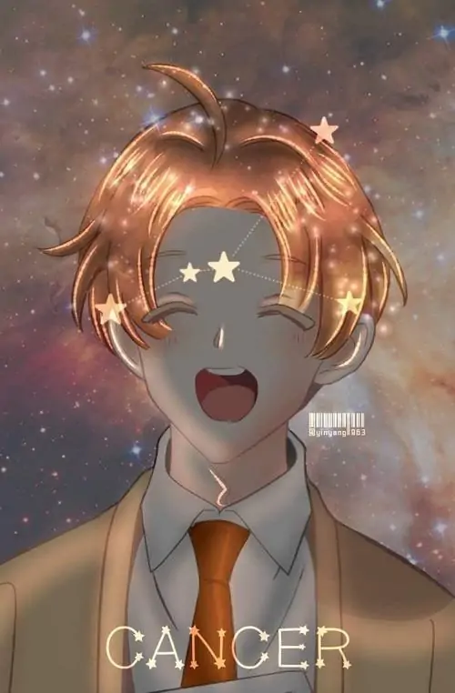 Ảnh minh họa anime cung Cự Giải chàng trai tóc nâu ngửa mặt cười trong nền sao vàng, cổ áo sơ mi mở nhẹ và chữ Cancer mờ dưới cằm, khung hình mang cảm giác trẻ và sáng
