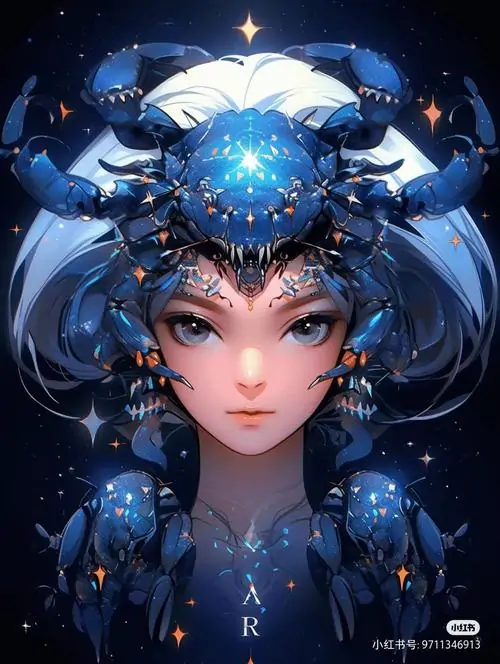 Gương mặt nữ anime cận chính diện nổi bật với tóc xanh đậm xòe như sóng, vầng sáng tròn trên trán và đôi mắt sắc, hình vẽ nàng cua tí hon này nhìn rất cuốn