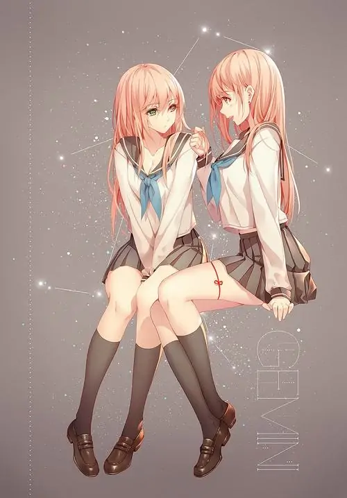 Nhân vật Song Tử nữ anime chibi được vẽ đang pha màu ở lớp mỹ thuật, trên áo len còn vương vài chấm sơn, cách nghiêng đầu ngắm bảng vẽ cho thấy sự linh hoạt và óc quan sát rất rõ