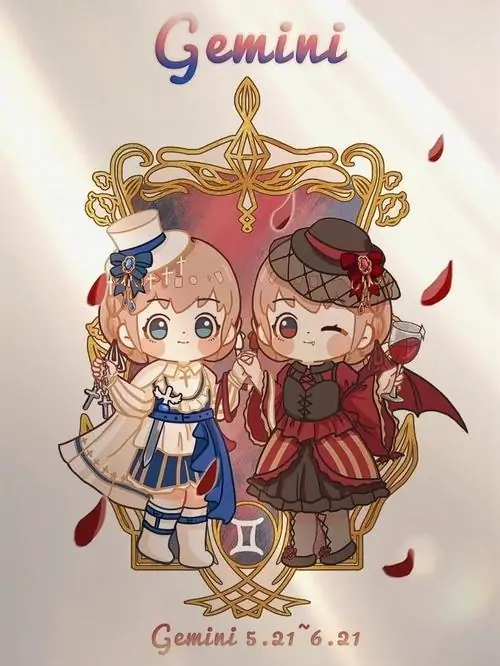 Cô nàng Song Tử nữ chibi ngồi vắt chân trên bậc thềm tiệm băng đĩa, tay lật cuốn sổ nhỏ còn tay kia giữ ly trà, tóc buộc lệch và nụ cười lanh lảnh làm cả ảnh bật lên vẻ dễ thương