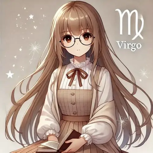 Cô gái tóc nâu dài đeo kính tròn ngồi chính diện, áo len be kín cổ và hai tay đặt trước người khiến ảnh đại diện Xử Nữ phong cách anime mang cảm giác ngoan, đẹp và rất hiền