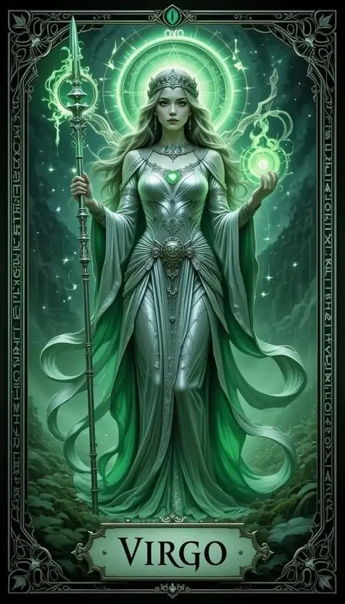 Avatar Virgo hình nữ thần xanh ngọc đứng bất động trong khung bài tarot, áo choàng dài chạm sàn và họa tiết phát sáng khiến tổng thể ngầu nhẹ mà vẫn giữ nét thanh sạch của cung đất