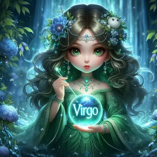 Ảnh nghệ thuật bé gái tóc xanh xoăn ngồi giữa khu rừng phát sáng, đôi mắt tròn nhìn thẳng và quả cầu ghi Virgo trước ngực làm tranh vẽ cung đất nữ dễ thương thêm lung linh