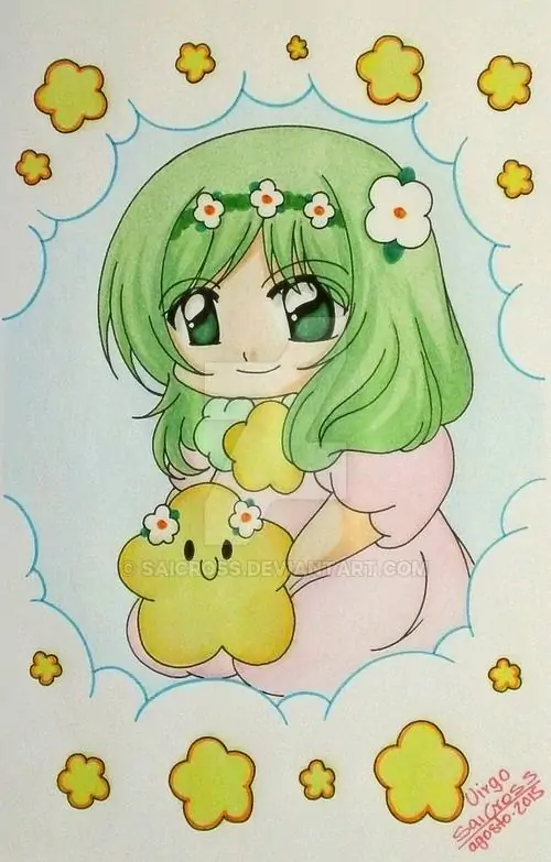 Ảnh cute bé chibi tóc xanh lá đứng lọt giữa nền sao vàng, má hồng tròn và chiếc váy xanh non làm khung hình nhỏ xíu này hợp kiểu ảnh đại diện Xử Nữ phong cách anime