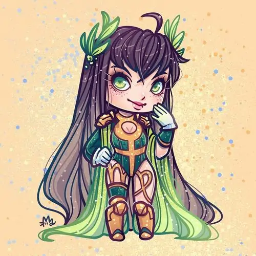 Nhân vật chibi tóc tím xanh ngồi thõng chân trên nền be, bộ đồ xanh nâu nhiều họa tiết và đôi mắt xếch nhẹ tạo cảm giác nghịch mà vẫn gọn gàng như hình ảnh Xử Nữ tí hon