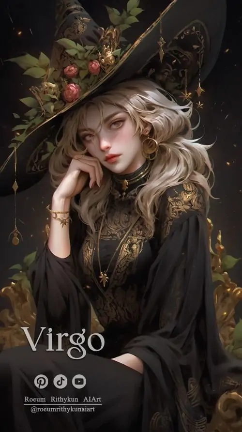Người phụ nữ đội mũ rộng vành đứng nghiêng trong nền tối, tóc sáng rơi trên vai áo đen và biểu cảm lạnh vừa đủ khiến ảnh hoàng đạo này ngầu hơn, hợp kiểu tranh minh họa fantasy