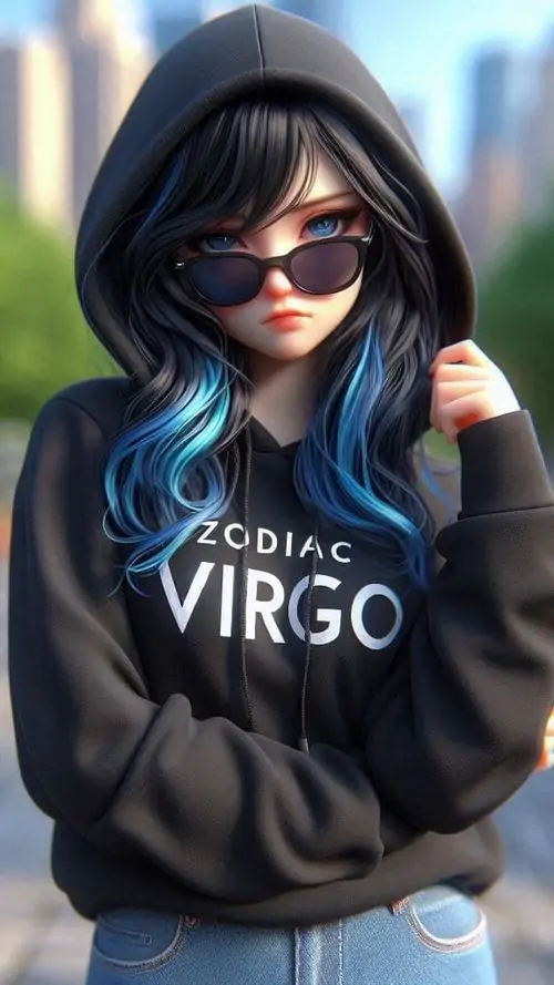 Cô nàng mặc áo hoodie đen, đeo kính râm và cúi đầu nhẹ giữa khung phố mờ, mái tóc xanh tím đổ ra trước ngực khiến hình đại diện Xử Nữ phong cách Nhật có nét ngầu hiện đại