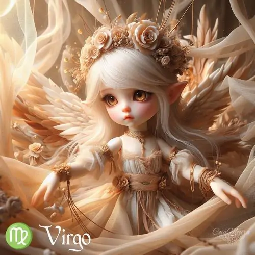 Avatar chòm sao búp bê tóc vàng nhạt ngồi giữa cánh vàng xòe rộng, đôi mắt to nhìn sang một bên và váy kem nhiều lớp khiến bức này vừa cute vừa sáng như truyện cổ