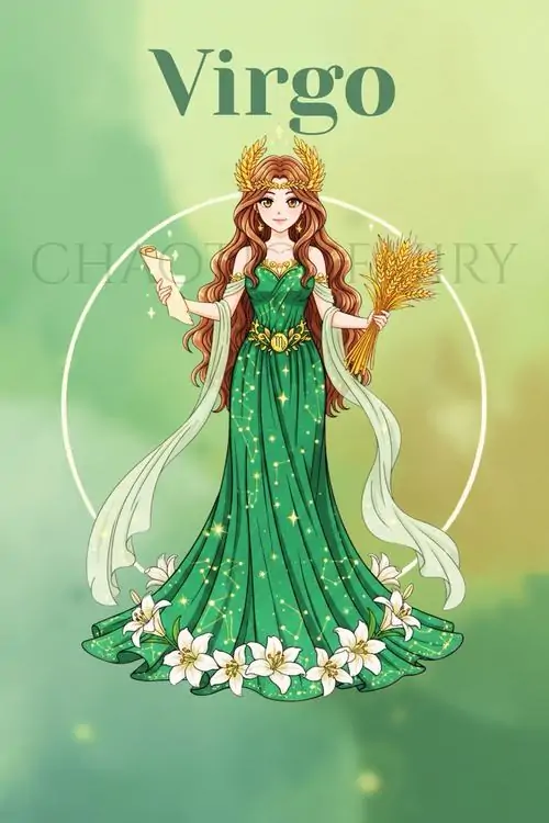 Cô gái váy xanh lá đứng nhỏ giữa nền xanh nhạt, hai tay đặt gọn trước bụng và mái tóc nâu buông dài giúp hình ảnh Virgo nữ chibi theo lối tối giản trông thoáng, sạch