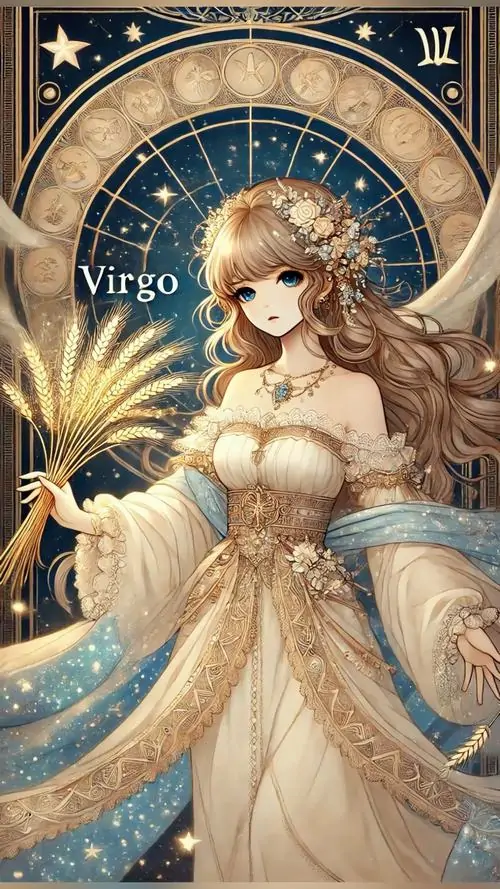 Cô gái anime mặc váy kem ôm eo đứng giữa vòng sao xanh vàng, mái tóc nâu bay mềm và nụ cười dịu khiến tranh vẽ Virgo nữ dễ thương nhìn sang mà vẫn êm mắt