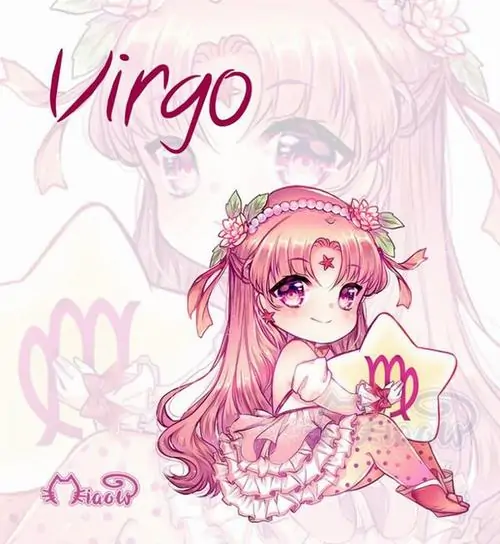 Ảnh pastel bé chibi tóc hồng ôm ký hiệu Virgo trước ngực, nét vẽ mảnh trên nền trắng hồng và chữ viết tay lớn phía trên làm bức này nhẹ tênh, dễ thương theo kiểu doodle