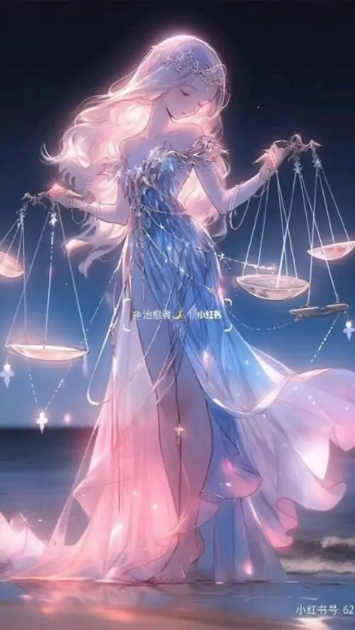 Hình vẽ Libra nữ đáng yêu xuất hiện trong tiệm đèn, cô bé bắc ghế treo hai chiếc chuông thủy tinh cân nhau, nền sáng phản vào mái tóc làm cả ảnh bừng lên