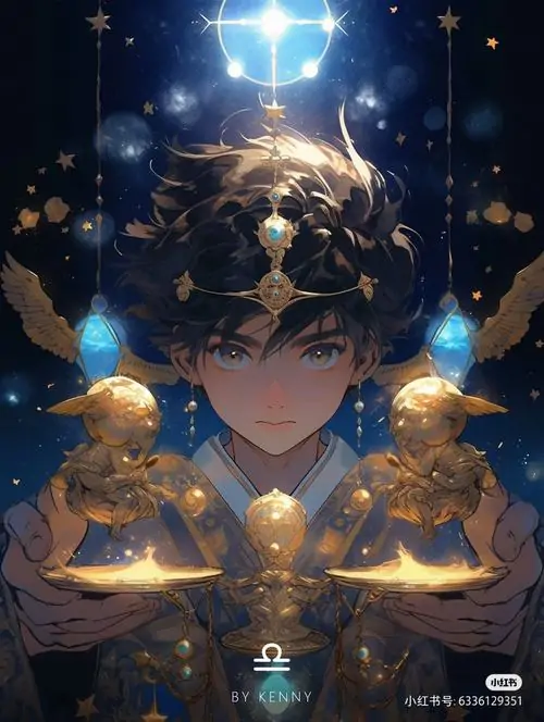Cạnh quầy bánh ngọt, nhân vật anime tóc nâu nhón chân chọn hai chiếc cupcake bằng nhau, chiếc nơ xanh sau lưng và biểu cảm phân vân làm chủ đề cân bằng hiện ra rất tự nhiên