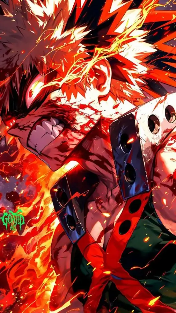 Artwork Bakugo bùng nổ giữa lửa đỏ, tia lửa văng quanh nắm tay, cảm giác lao lên không lùi