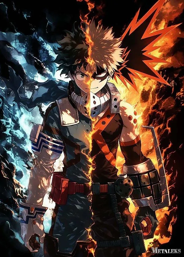 Artwork Bakugo nửa tối nửa sáng, lửa bao quanh cánh tay, dáng đứng vững, vibe đối thủ cực gắt