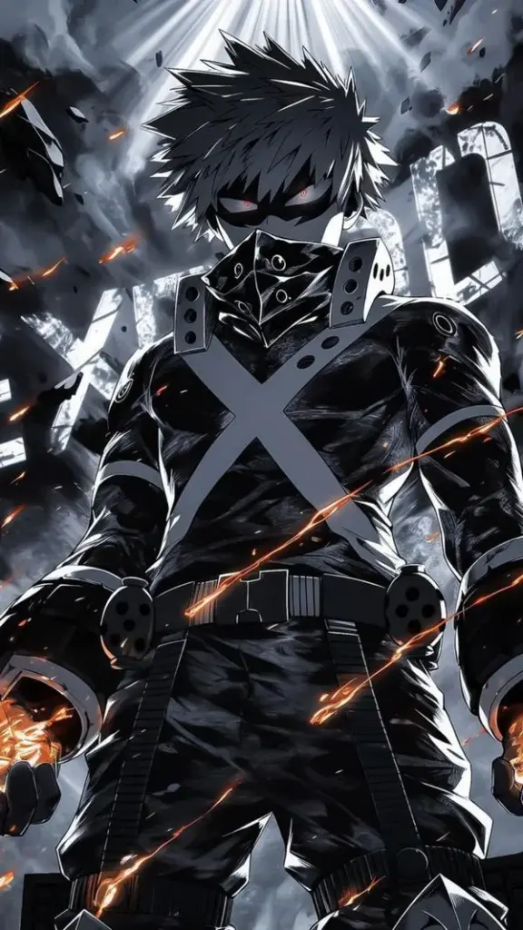 Ảnh Bakugo tông đen xám, ánh nhìn lạnh, khói mỏng phủ vai, cảm giác âm ỉ trước khi nổ