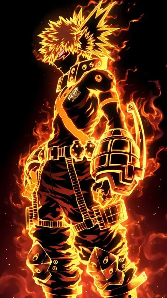 Hình Bakugo dạng silhouette, đường viền lửa cam, lòng bàn tay phát sáng, aura bùng nổ rõ nét