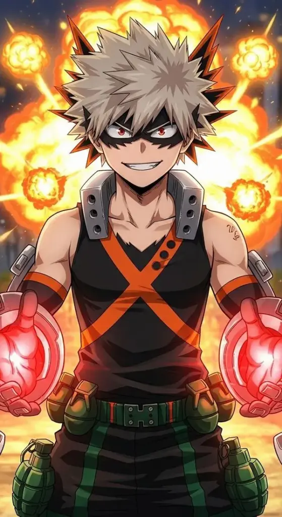 Ảnh Bakugo tạo hình dễ thương, găng tay đỏ, mắt sáng, vẫn giữ vẻ cau có đúng chất Kacchan