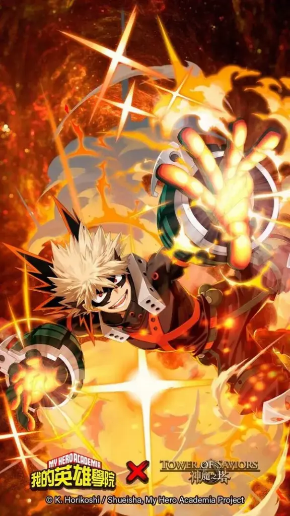 Artwork Bakugo giữa vòng nổ xoáy, tia lửa bay dày, tư thế xoay người, nhịp ảnh dồn dập