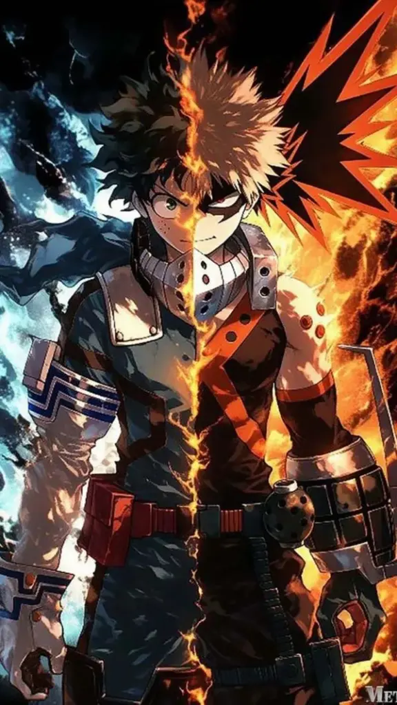Hình Bakugo phong cách chiến đấu, ánh lửa xanh cam đan nhau, vóc dáng khỏe, cảm giác áp đảo