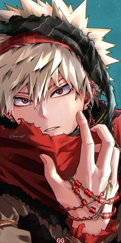 Ảnh Bakugo cận mặt trong áo trùm, mắt đỏ sắc lẹm, nét khó gần, không khí lạnh nhưng cuốn