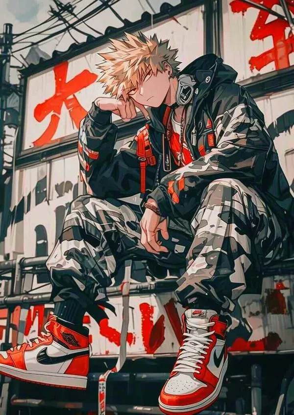 Hình Bakugo ngồi giữa phố kiểu poster, tông đỏ xám, dáng ngầu lặng, cảm giác nổi loạn mạnh